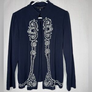 Ming Wang Womens Navy Embroidered Blazer Sz M Office Work Mature Quiet Luxury